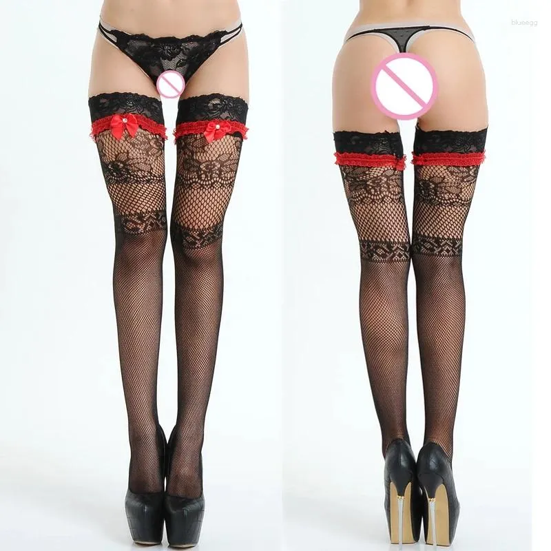 Women Socks Red Bow Small Mesh Stockings Hollow Over Knee Nylon Female Sexy Thigh Long Lingerie 024