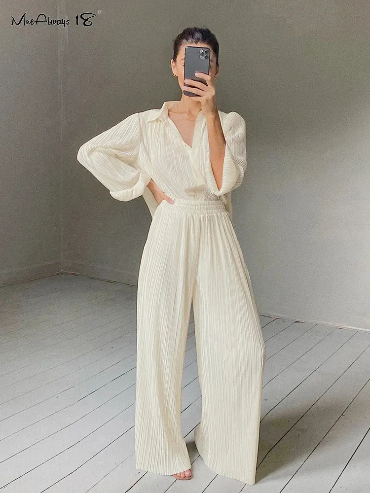 Women's Pants Capris Mnealways18 Beige Pleated Wide Leg Pants Womens Pants Fashion Casual Loose Trousers Office Lady Elegant Long Palazzo Pants 231013