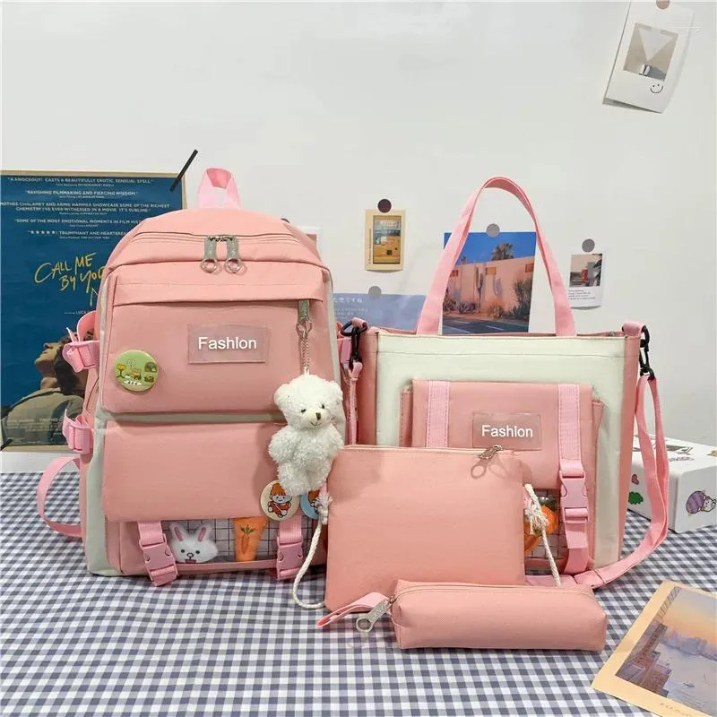 Schultaschen 4 Stück Set Stempel Frauen Laptop Rucksack für Teenager Mädchen 2023 Leinwand Einfaches Spielzeug Student Kind Büchertasche Rucksack