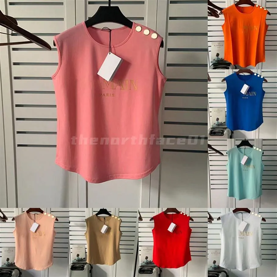 Mulheres Camisetas Mulheres Famosas Roupas Carta Imprimir Manga Curta Com Botões Dourados Verão Algodão Redondo Pescoço Tee Tamanho S-L2265