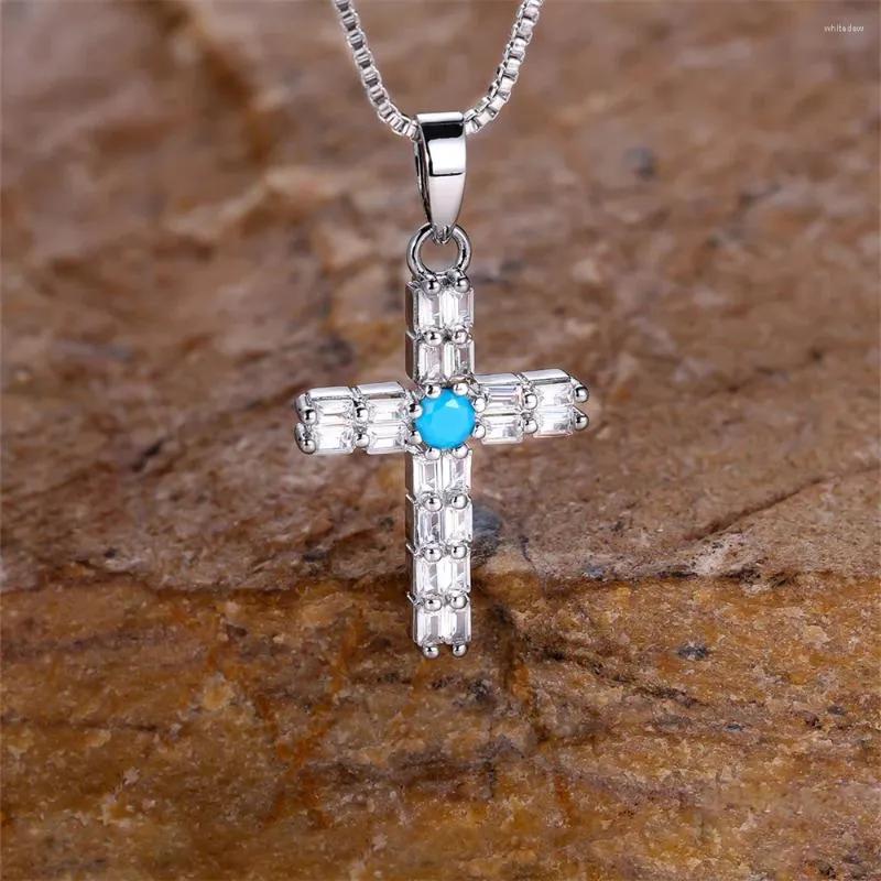 Pendant Necklaces Blue Stone Purple Crystal Cross Necklace Classic White Zircon For Women Gold Silver Color Chain Bridal Jewelry