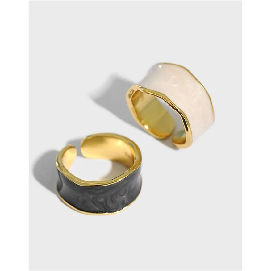 Bagues de cluster Or Authentique S925 Sterling Argent Fine Bijoux Blanc Émail Epoxy Wave Band Bague Plus Large Ajuster Charme Cadeau TLJ1364C191E