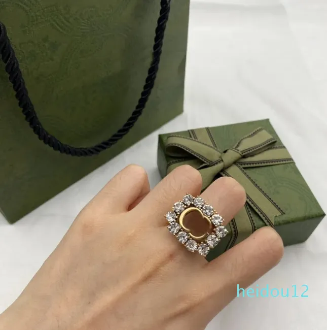 Elegante anillo de diamante con doble letra, diseño de diamantes de imitación, anillos abiertos, pareja de cristal brillante con caja de regalo