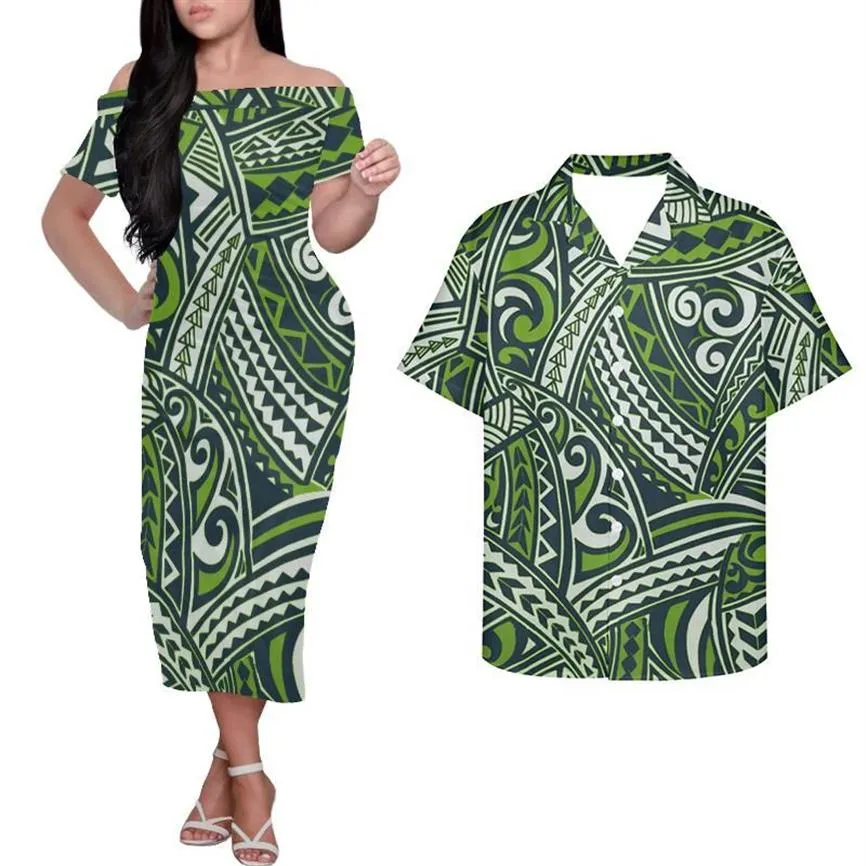 Robes décontractées HYCOOL personnalisé polynésien Tribal Design robe verte entière épaule pour les femmes fête mode couple correspondant O330w