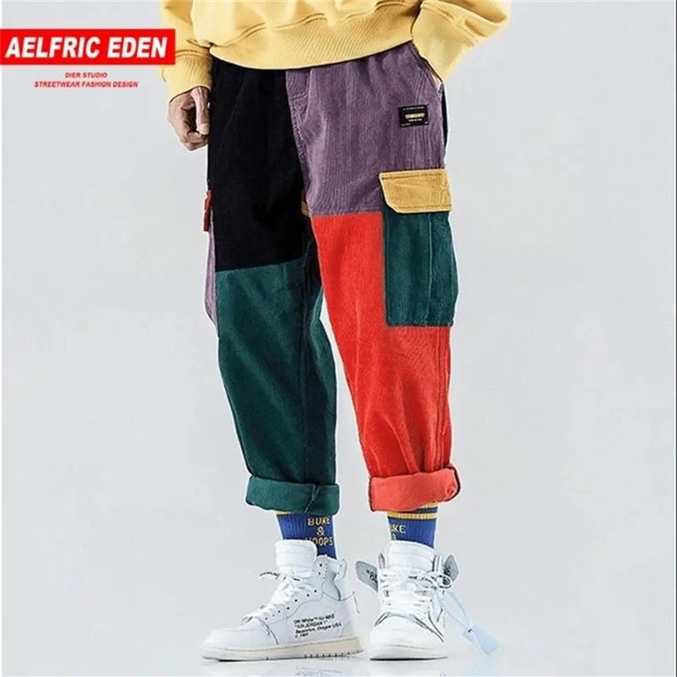 Aelfric Eden Pantalones de chándal de pana Pantalones de carga Hombres Harem Jogger Vintage Color Block Patchwork Pana Hip Hop Harajuku Pantalones 201304D