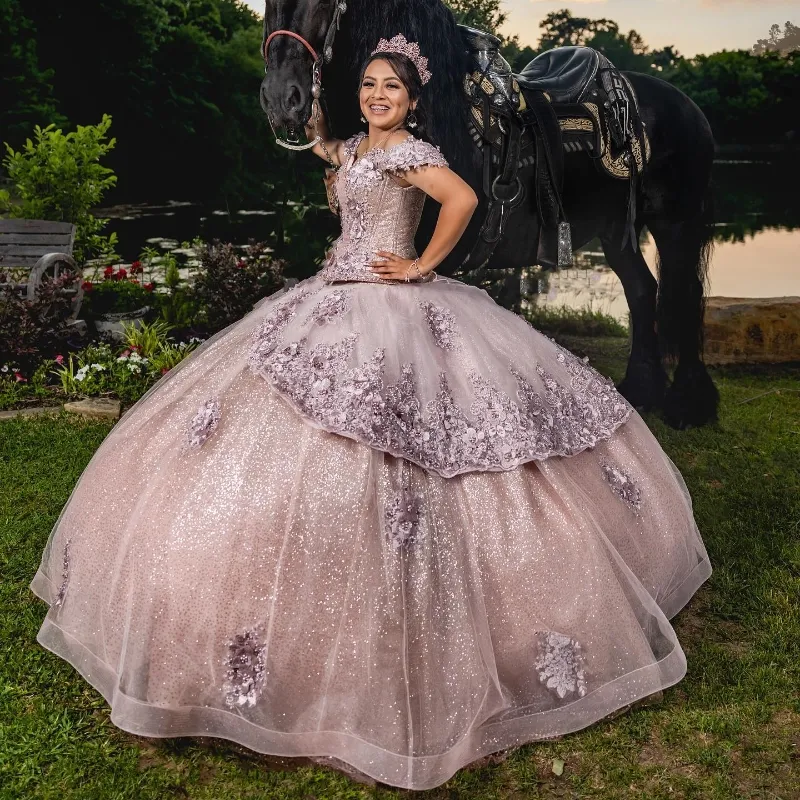 Pink Sweetheart Shiny Off the Shoulder Ball Gown Beaded Quinceanera Dress Princess Corset Dresses Appliques Flower Beads Vestidos De 15 Anos