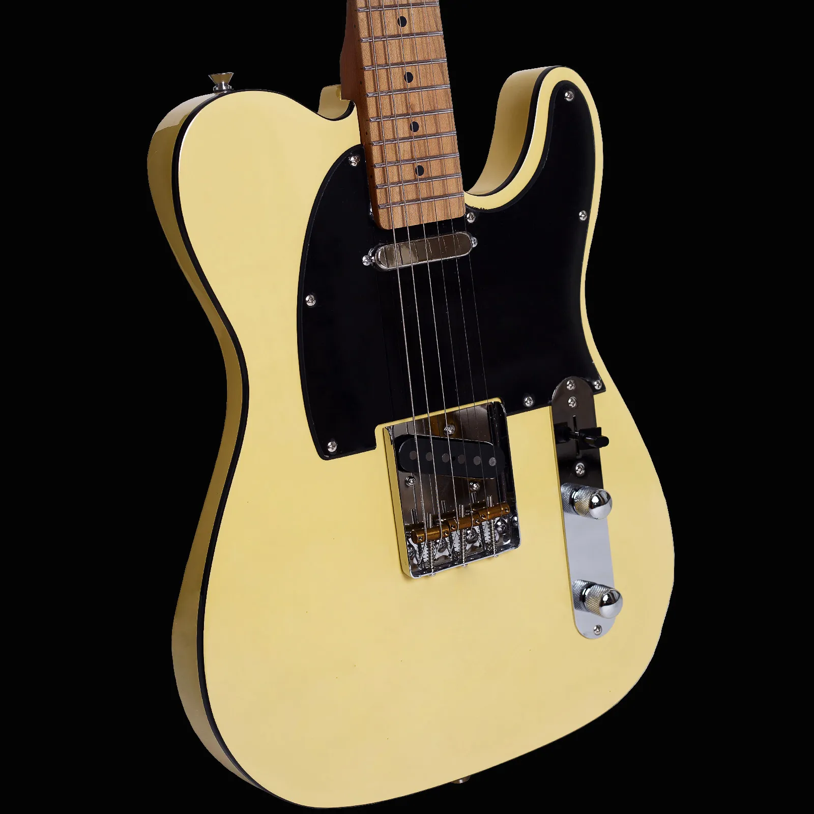 BoyaZiqi BZT-098 Guitarra eléctrica clásica de cuerpo sólido, 22 trastes de acero inoxidable (pulido a mano), cuerpo de aliso, mástil de arce tostado, interruptor y conector de lujo, amarillo claro vintage