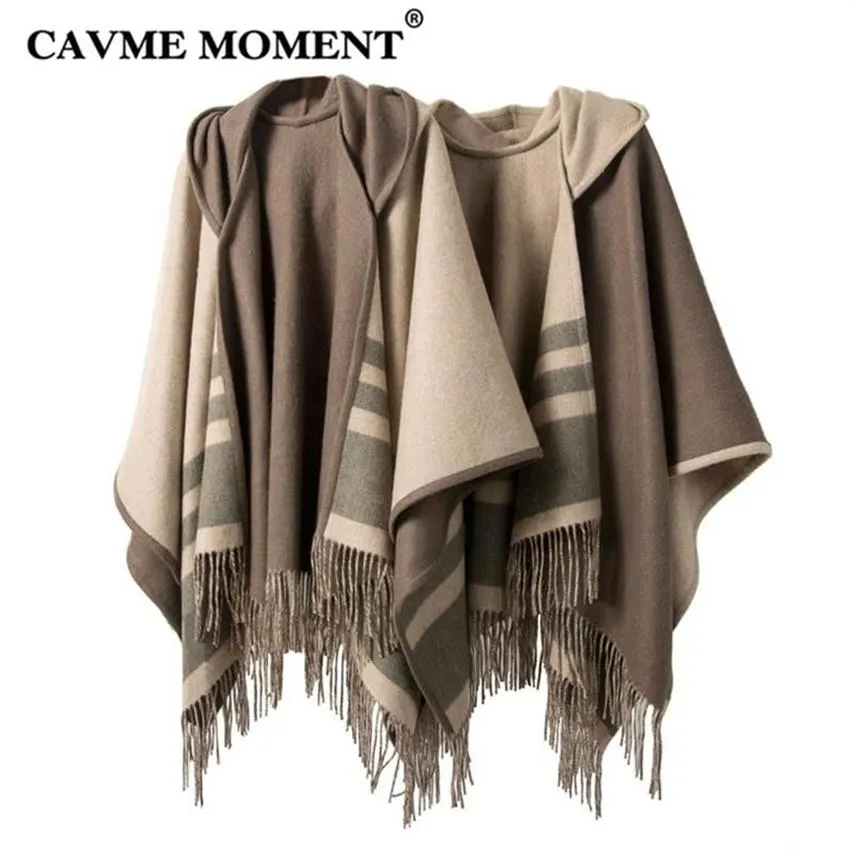 Echarpes CAVME Poncho de laine à capuche avec des glands pour femmes dames châles en couleur café beige hiver chaud 100% laine rayée enveloppes 275S