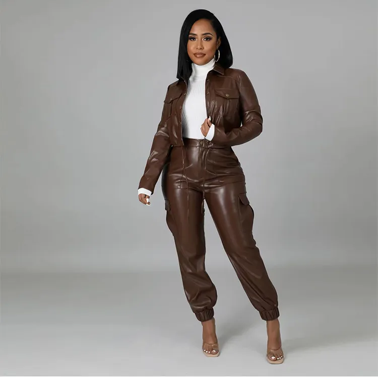 Women's Tracksuits Casual Solid Color Faux Leather Turn Down Collar Shirt Pants Two-piece Set V-Neck Elastic Waist jackets Trousers