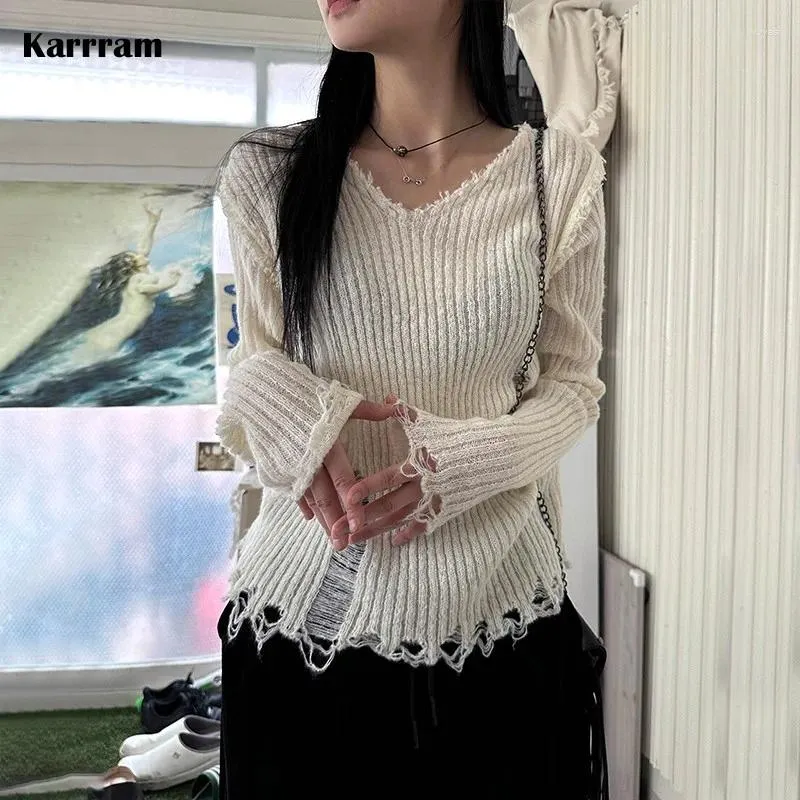 Женские свитера Karrram, японский рваный свитер Y2k, винтажный вязаный пуловер с v-образным вырезом и рваными отверстиями, корейские модные топы в рубчик с вырезами