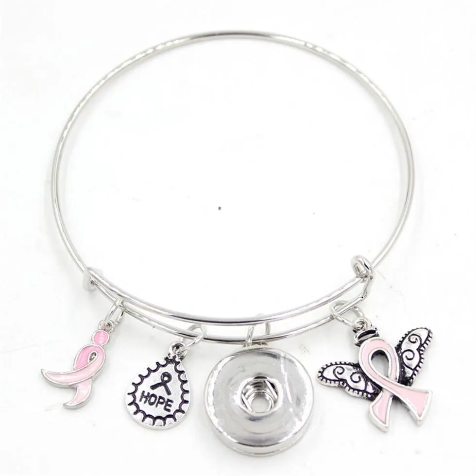 Ny ankomst Snap Jewelry Hope Ribbon Breast Cancer Awareness Pink Ribbon Angel Wing Charm utbyggbar justerbar tråd Snap Bangles 241L