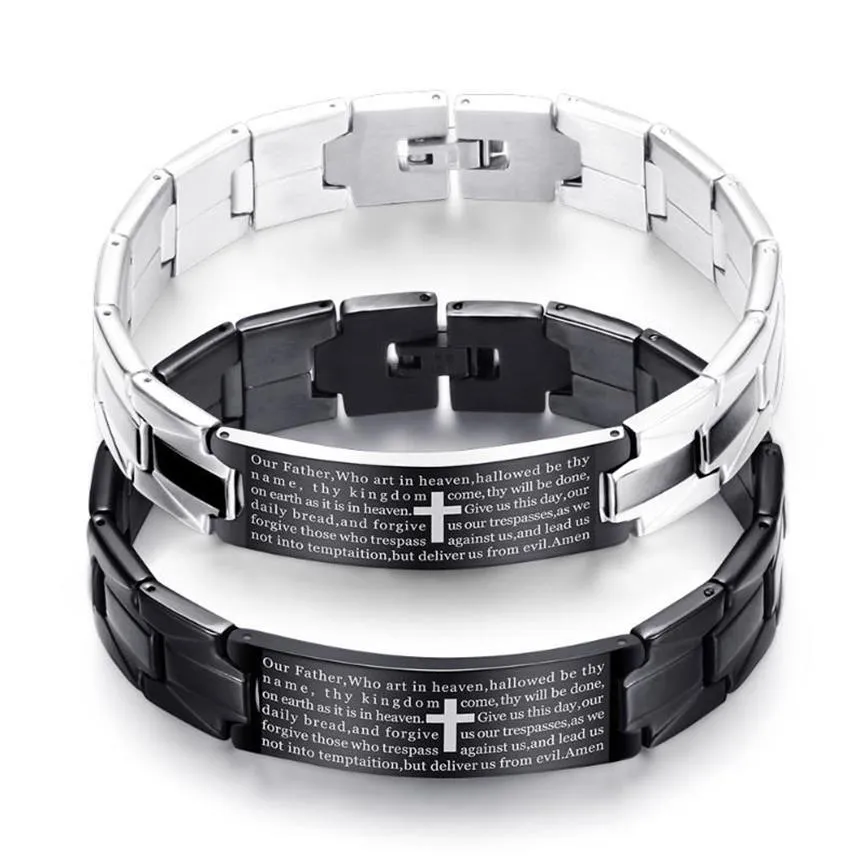 Bracelet Sainte Bible Croix Hommes Bracelet Noir En Acier Inoxydable Montre Bracelet Argent Placage Bijoux Cadeau Pour Women301S