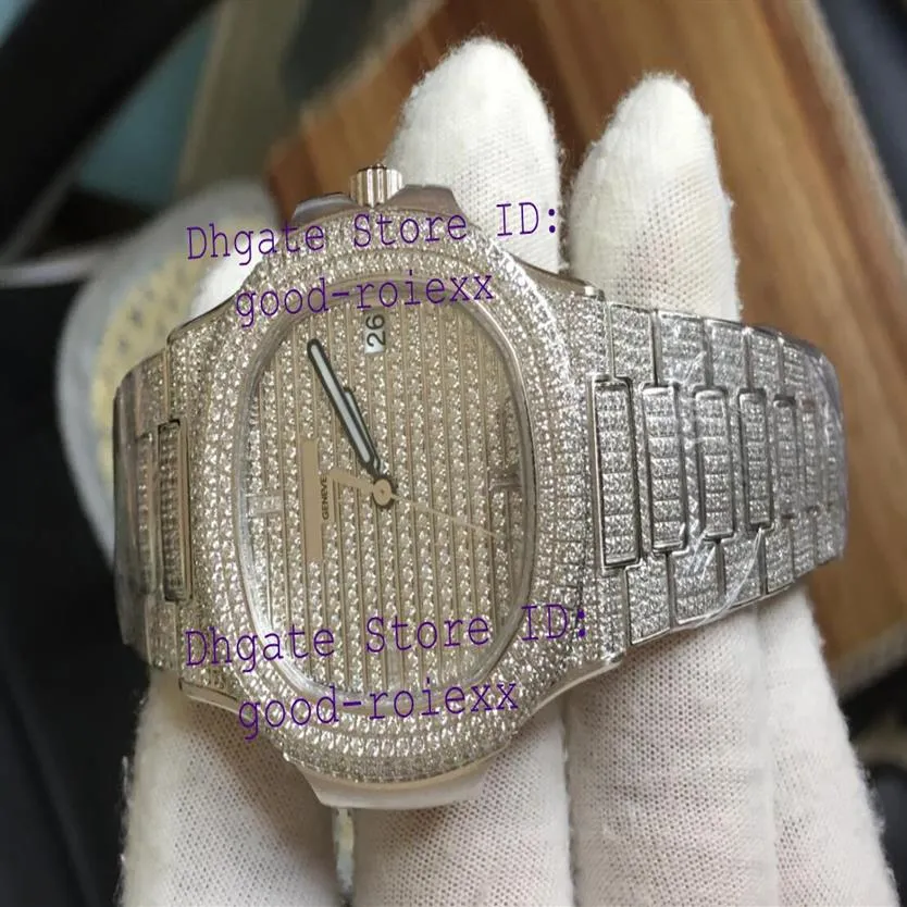 Лучшие роскошные супер мужские автоматические часы Miyota 9015 Clone Cal 324SC Full Pave Bling с бриллиантовым циферблатом, мужской браслет со стразами 5719 Watche239o