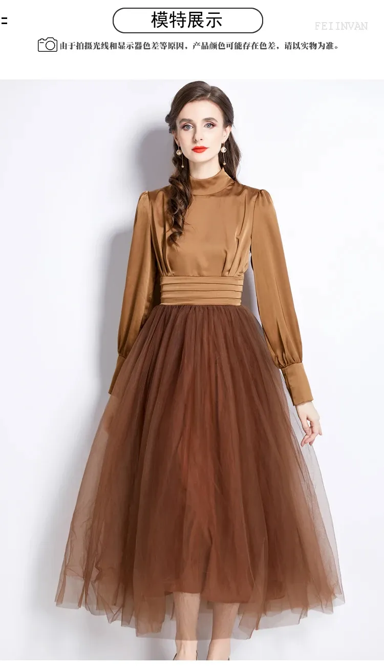 Basic Casual Dresses Womens High Waist Lantern Sleeve Mesh Patchwork Princess  Dress Vintage Elegant Party Dress With Stand Collar From Join3, $43.95 In  Bulk | DHgate.Com