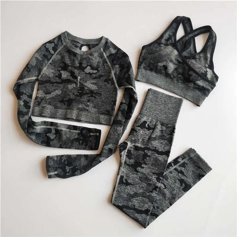 3 pièces Camo sans couture Yoga ensemble vêtements de Sport femmes vêtements de Fitness Yoga Leggings Sport soutien-gorge à manches longues haut court Gym Sports costumes T2003255Z