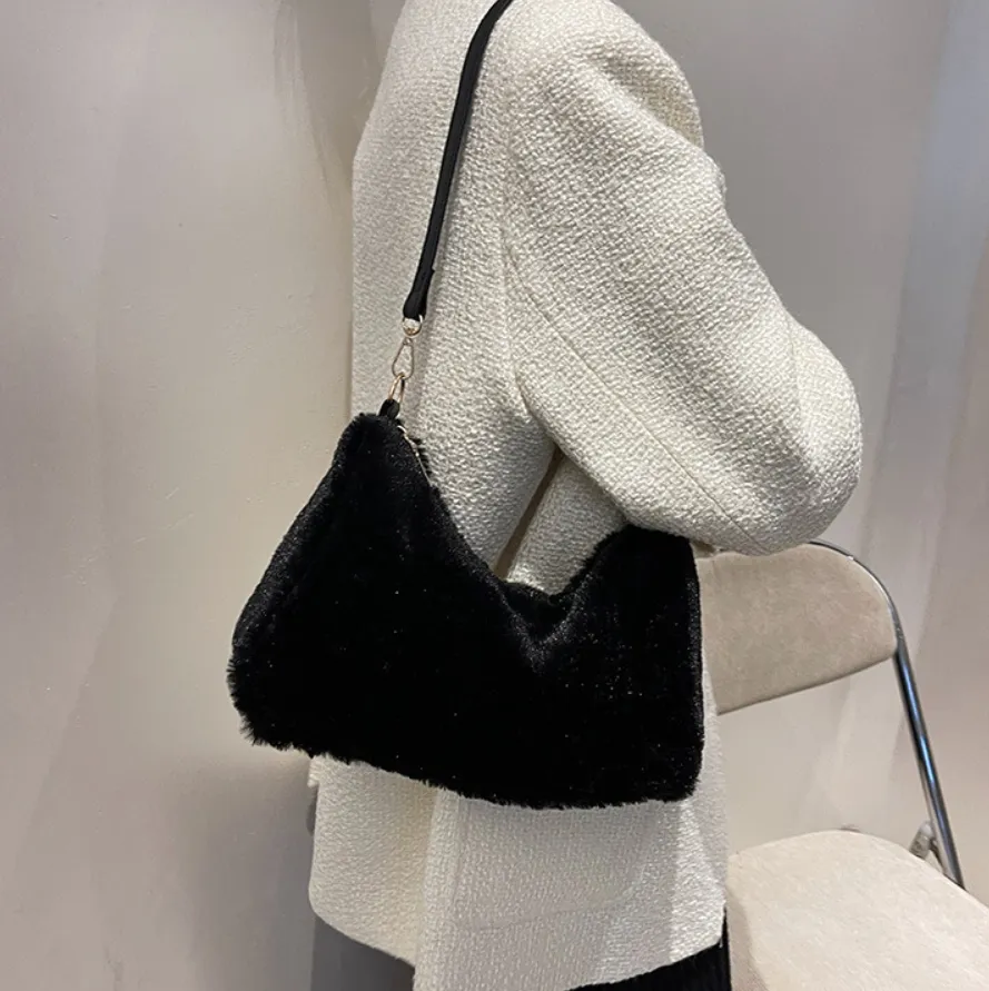 Bolso de felpa para mujer de gran capacidad, nuevo, moderno y lindo, bolso de un solo hombro para otoño e invierno, bolso grande de felpa texturizada, estilo negro