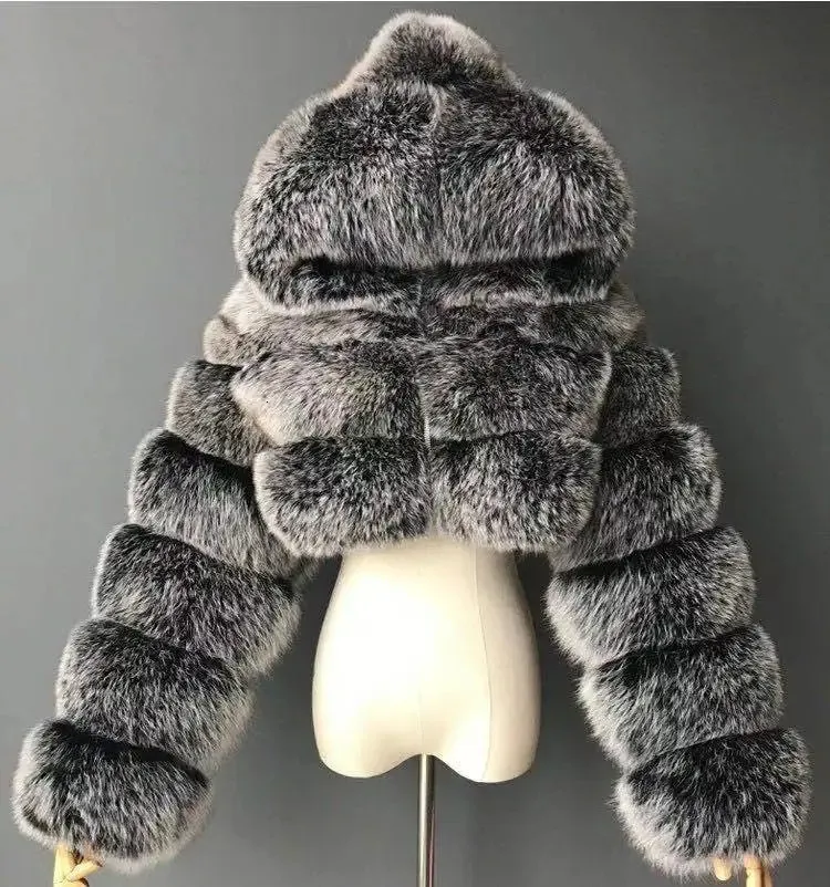 Frauen Pelz Kunstpelz Mode Mit Kapuze Kunstpelzmantel Frauen Winter Hochwertige Warme Pelzigen Mantel Elegante Plüsch Crop Jacke 231013