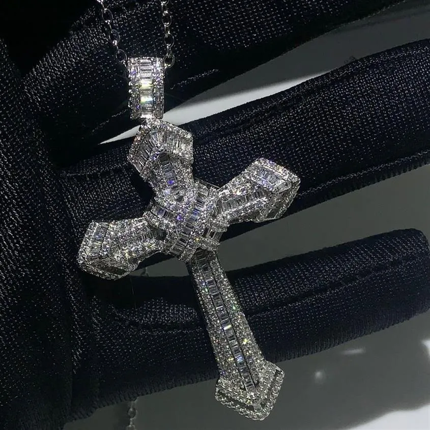 Nova choucong jóias de luxo 925 prata esterlina pavimentar branco topázio cz diamante pedras preciosas cruz pingente casamento feminino colar para men182y