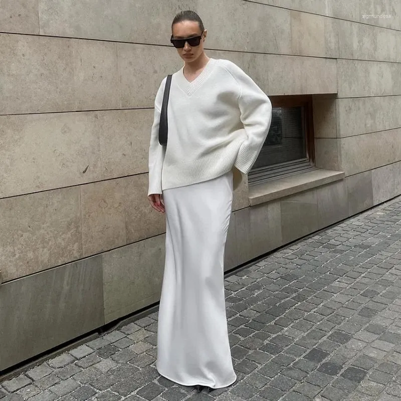 White Satin Slim Long High Waisted Midi Skirt For Women Elegant 