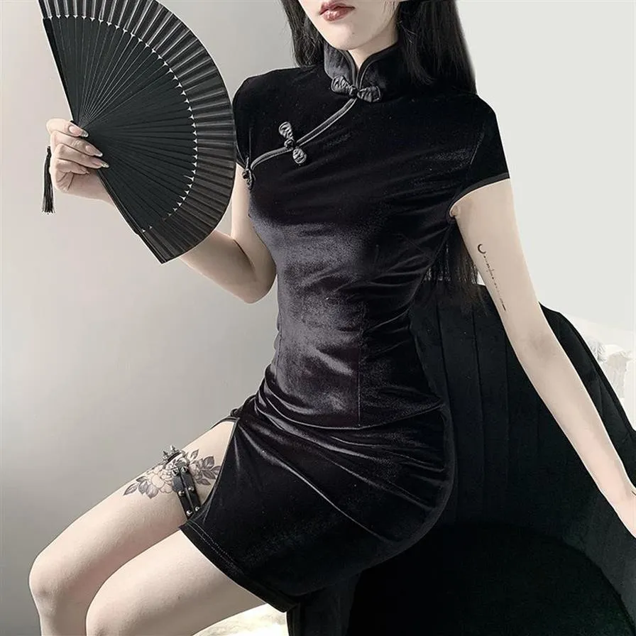 Goth Dark Women Dress Cheongsam Chinese Style Skinny Mini Dress Streetwear Sexig Vintage Harajuku Summer Women Clothing Slim 2020 Y272K