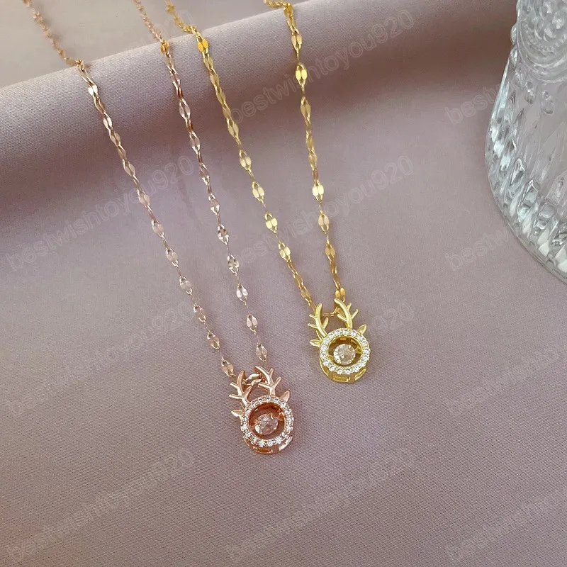 Collier tête de cerf de noël en acier inoxydable, tendance, pour femmes et filles, mignon petit bois, chaîne de clavicule, pendentif à breloque, bijoux cadeau