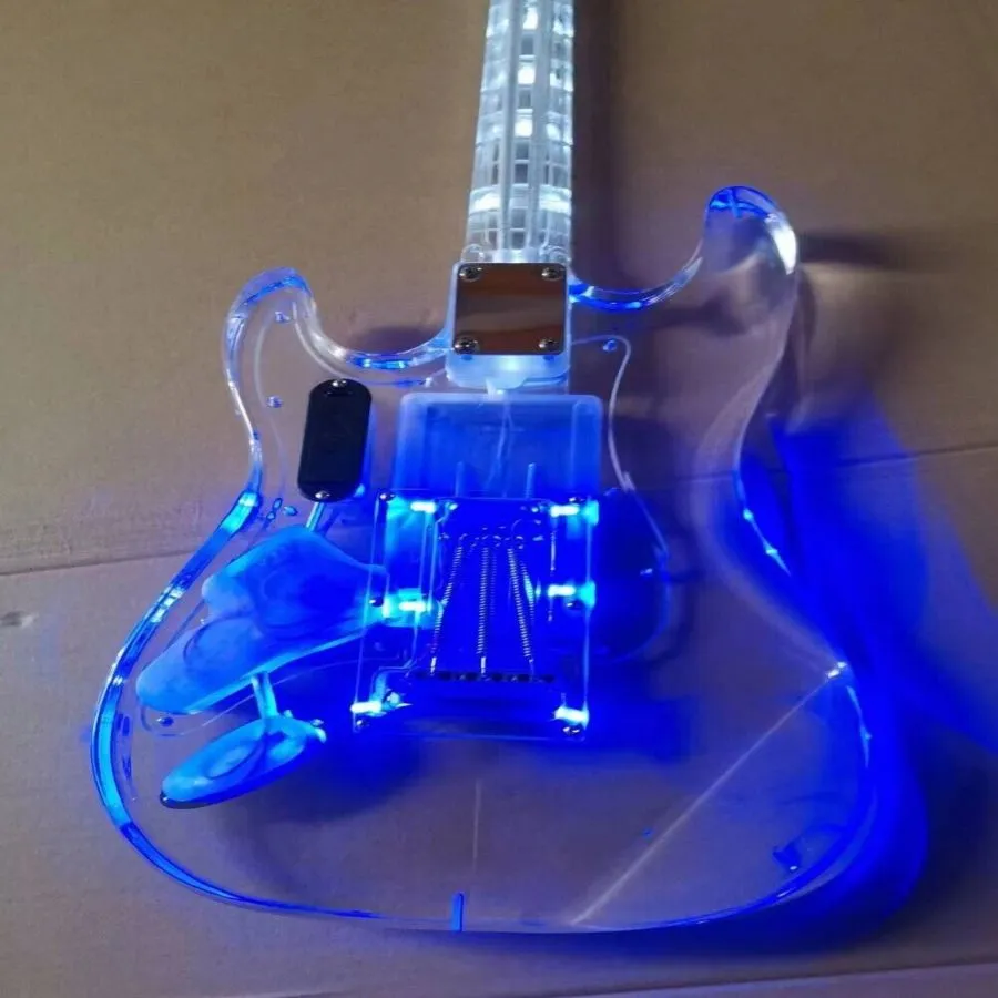 Guitare électrique acrylique ST de haute qualité avec lumière LED bleue