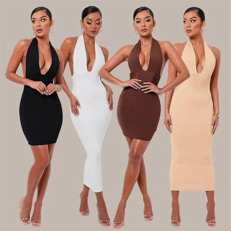 Casual Dresses White Ribbed BodyCon Midi Dress Summer Women Sexy Halter Deep V Neck Sleeveless Backless Mini Lady Party Club Long2059