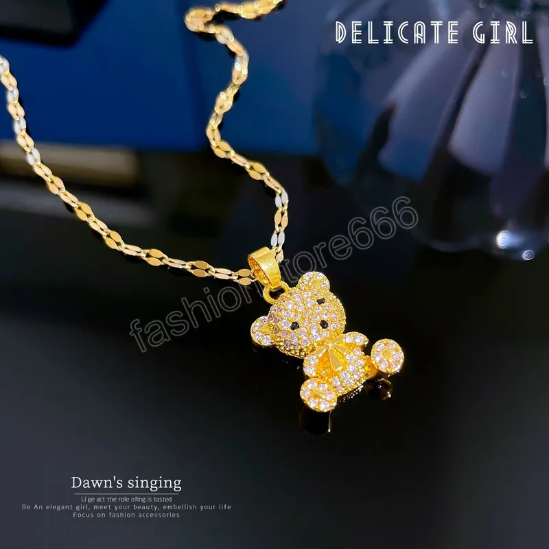 Collier romantique en acier inoxydable 316L, doux ours en cristal géométrique 3D pour femmes élégantes, chaînes féminines, accessoires de bijoux