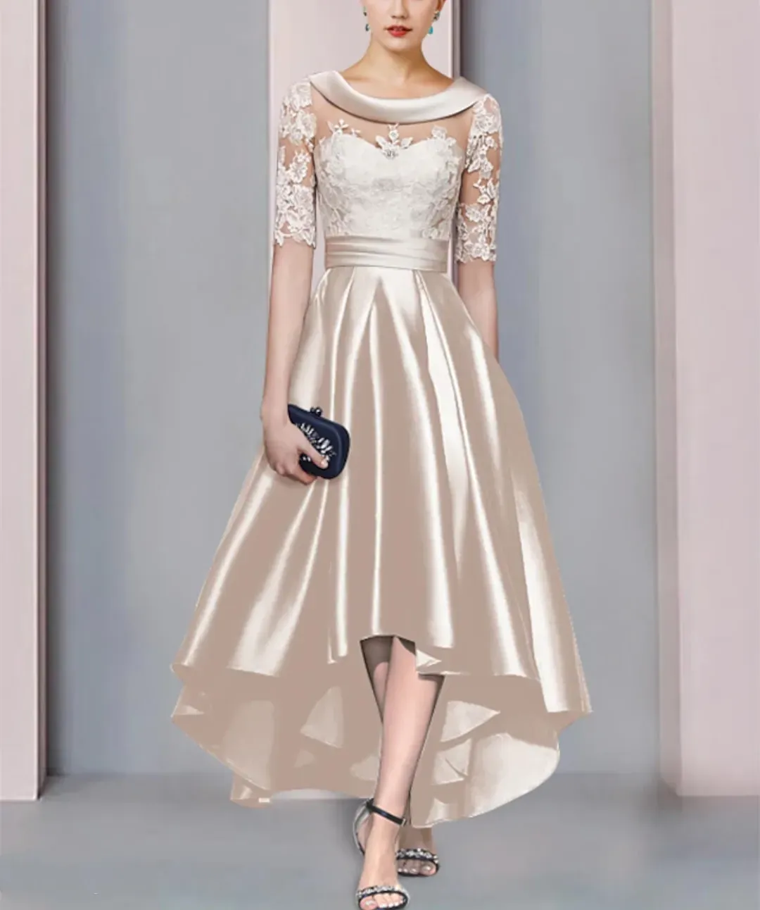 Champagne Satin Mother Of The Bride Dress, Hi Lo A Line Champagne Satin Mother Of The Bride Dress, Hi Lo A Line
