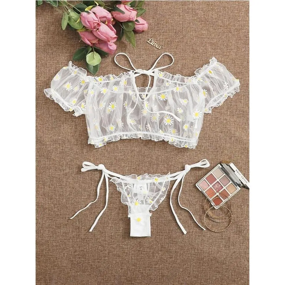 Bras Sets Porno Women Sexy Lingerie Set Costumes Babydoll 2pcs Pajamas Thongs Tops Daisy Print Lace Transparent See-through Panti2718