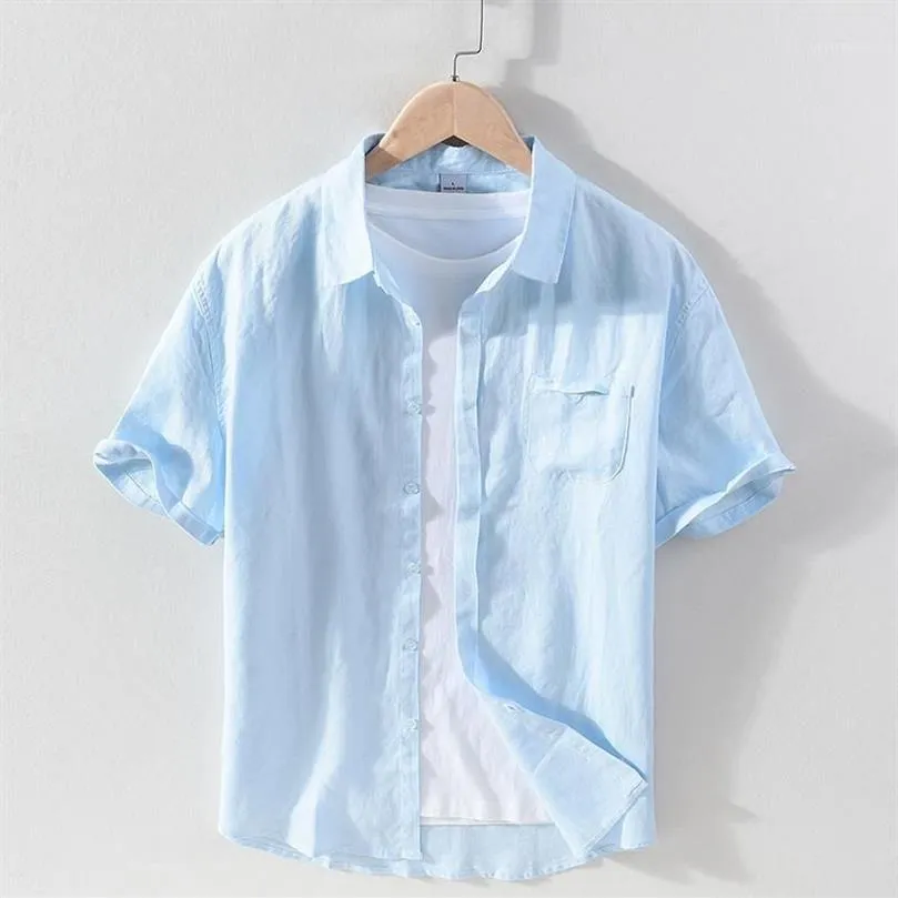Men's Casual Shirts 100%Linen Short Sleeve Shirt For Men Summer Chest Pocket Tops Male Solid Color Loose Turn-down Collar264s