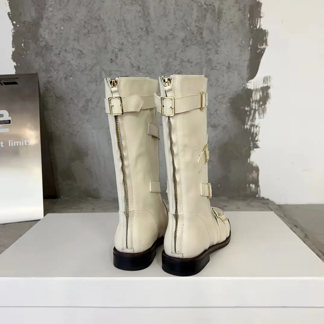2023 European autumn new trend fashion casual boots genuine leather square toe deep mouth thick heel metal buckle mid-calf boots for women white