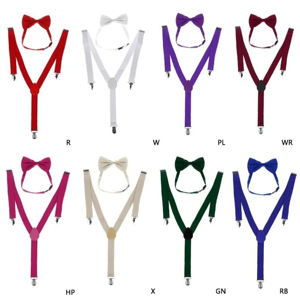 Fashion 1 Set Unisex Adjustable Y-Back Suspenders Bow Tie Clip-On Braces Elastic Wedding For Men Women 11 Colors Neck Ties236w