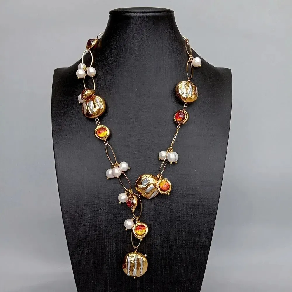 Chokers Y.YING Freshwater Cultured White Biwa Pearl Brown Murano Glass Chain Pearl Y-Drop Necklace 21" 231013