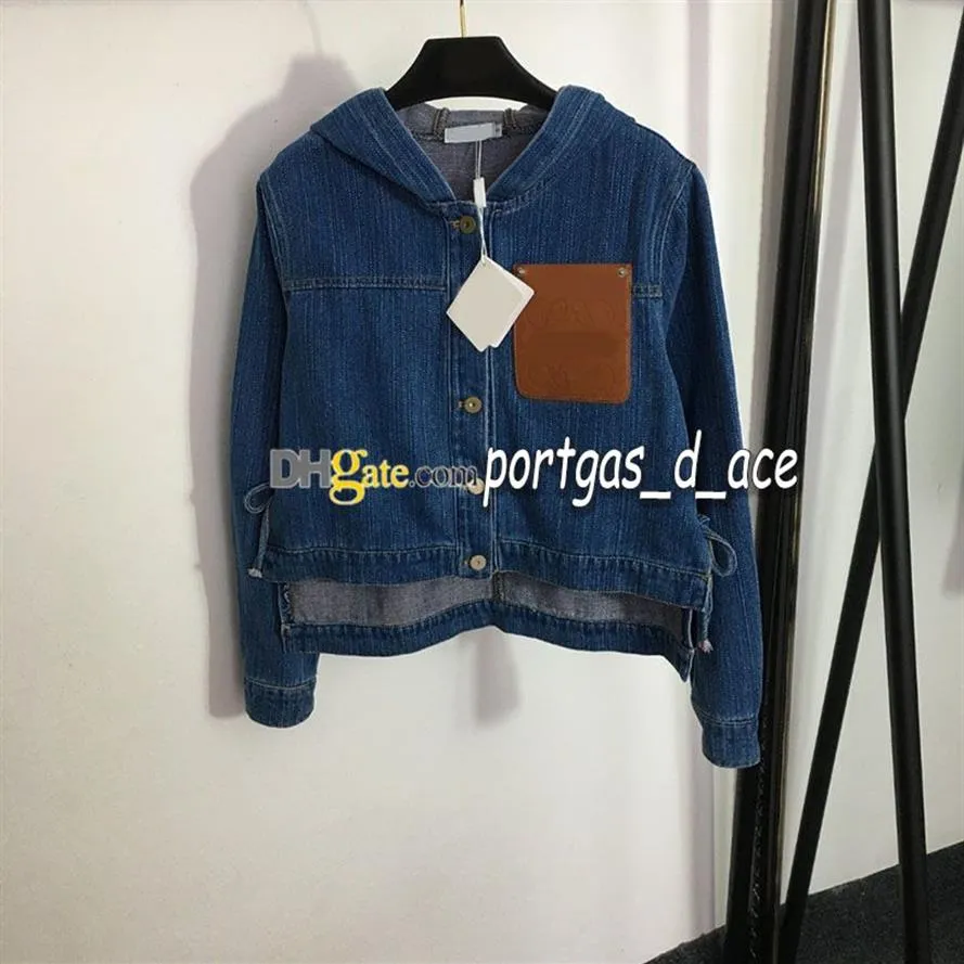 Giacca di jeans di lusso Giacca da donna a maniche lunghe con cappuccio Giacche di jeans Tasca in pelle Donna Cappotti2911