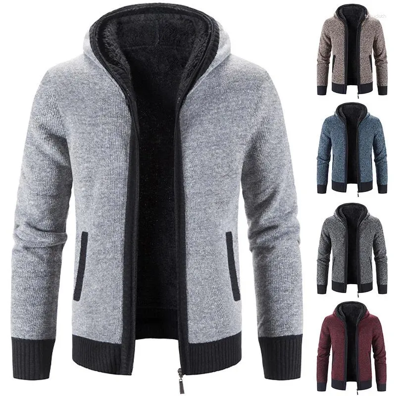 Men's Sweaters Knitted Cardigan Autumn Winter Hooded Zipper Plush And Thickened Sweater Casual Coat For Middle-aged Young People M1076