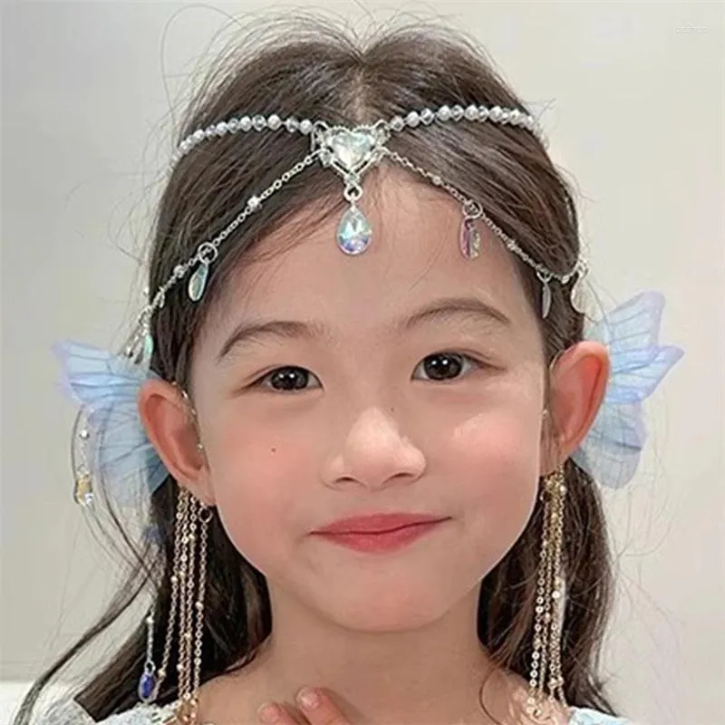 Accessoires de cheveux 2pcs / Set Paillettes Papillon Enfants Princesse Perle Frange Bow Front Chaîne Épingle à cheveux Fée Earhook Filles Clip