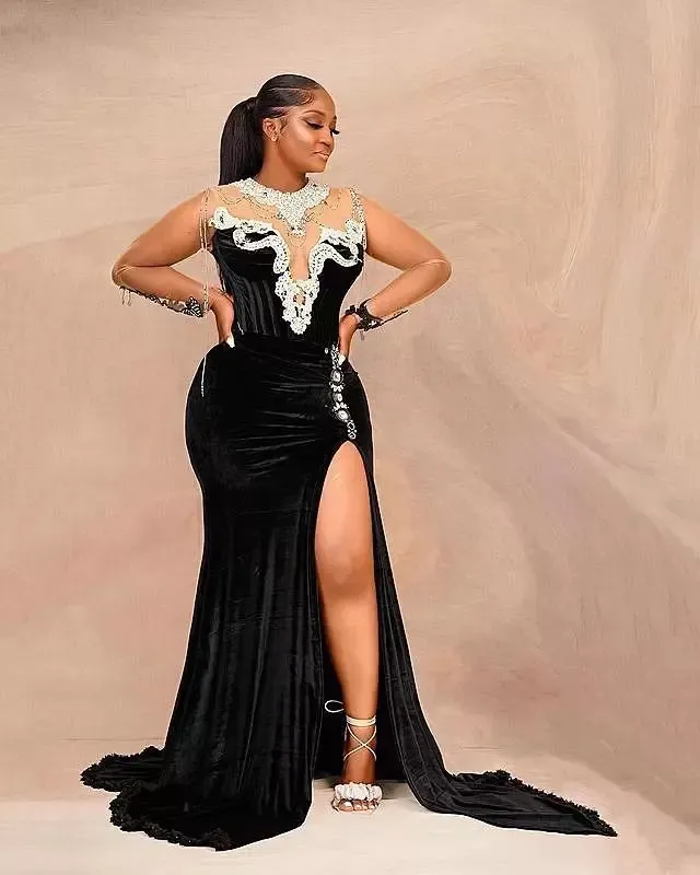 Vestidos de noite preto baile de formatura vestido de festa ilusão sereia zíper plus size personalizado novo o-pescoço manga longa apliques frisado cetim rendas até cristal coxa-alta fendas