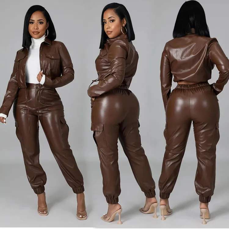 2024 Women s 2 Piece PU Leather Tracksuit Slim Fit Crop Top and Trousers Set for Ladies Jogging