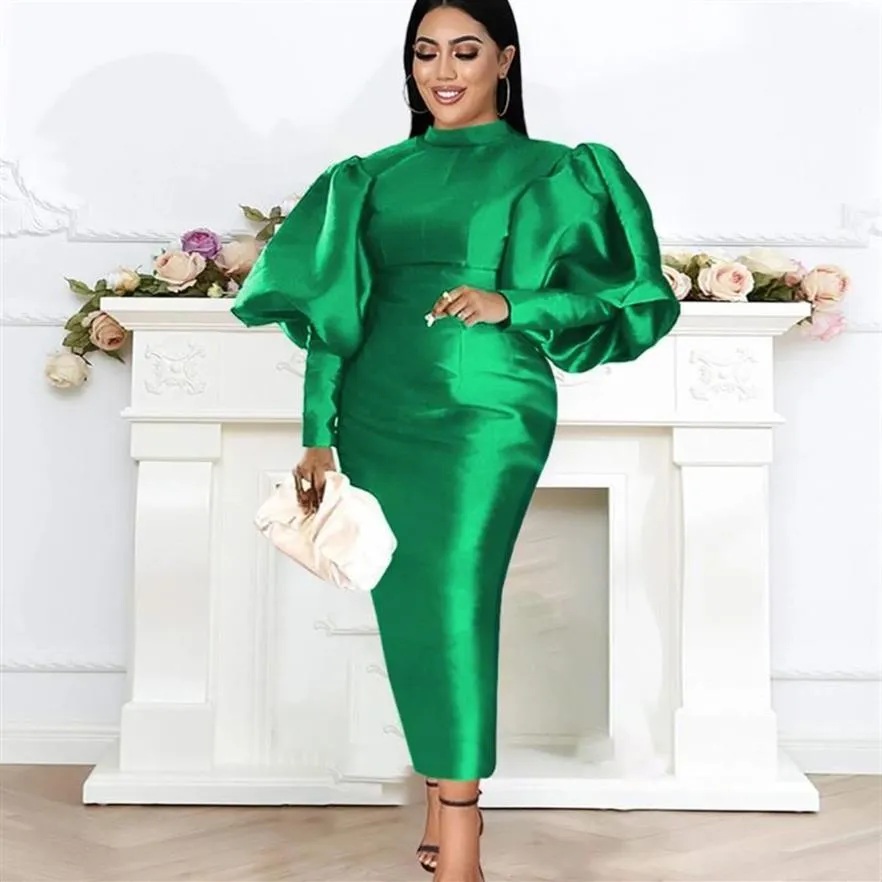 Casual Dresses Plus Size Party For Women 2021 Fashion Puff Sleeve Solid Evening Bowns Elegant Green Female Dress African Clothes283p