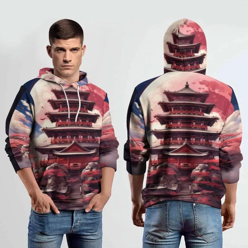 Hoodies masculinos 2023 camisola casual 3d personalização personalizada torre padrão impresso hoodie outono e inverno moda