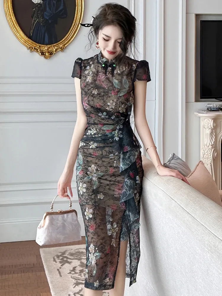 Vestidos De Graduación Chinos De Encaje Negro Vintage Qipao