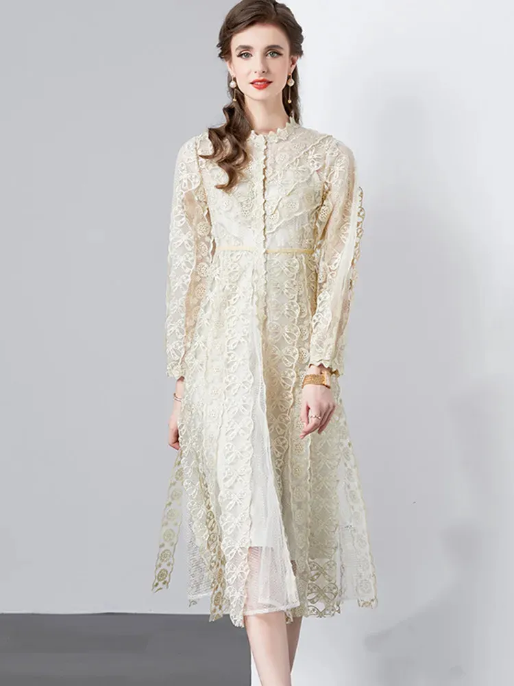 Womens Casual Long Sleeve Embroidery Dress Elegant O Neck High Waist Runway  Style, Light Luxury French Chic From Julia_dress, $44.95 In Bulk |  DHgate.Com