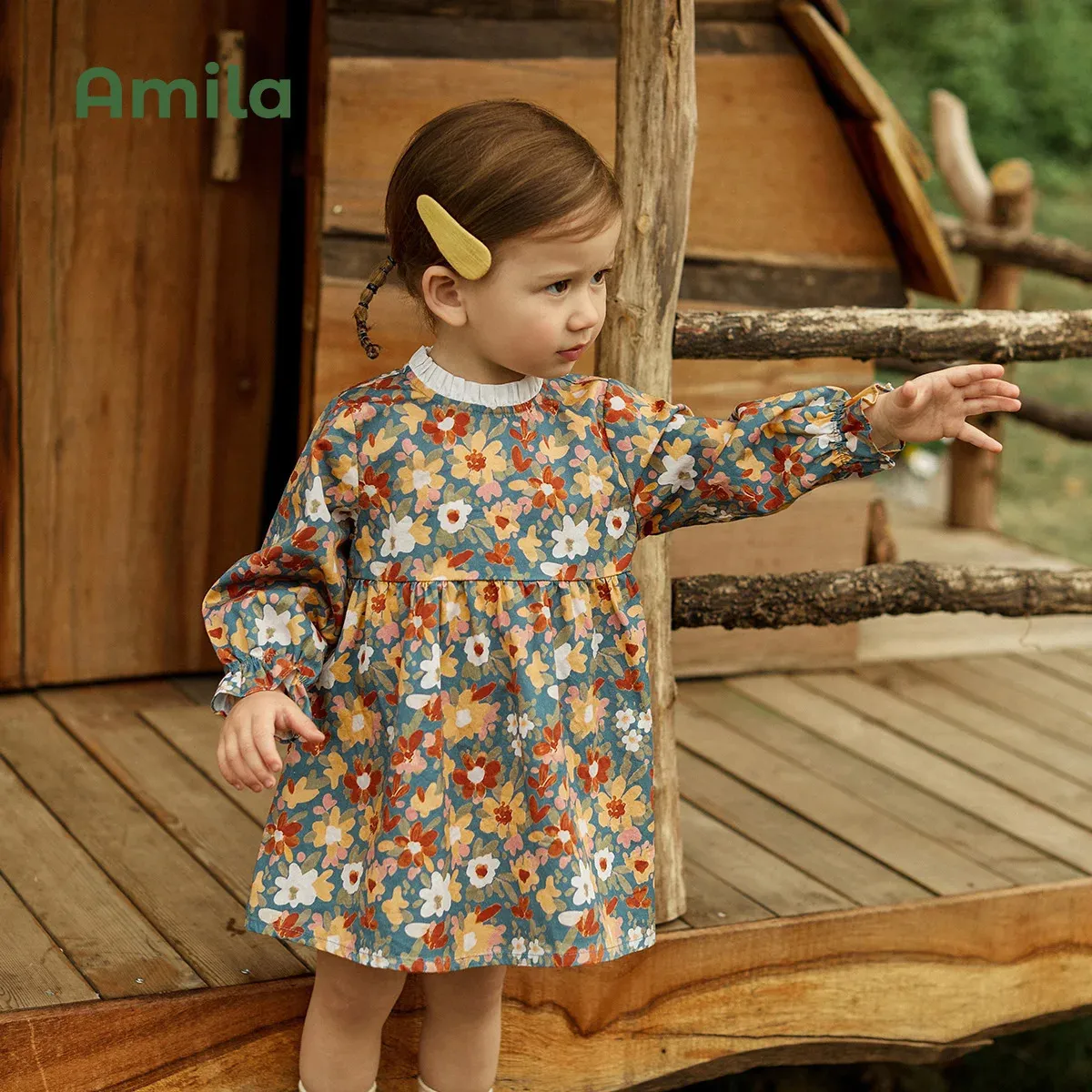 Abiti per ragazze Amila Abito per bambina Primavera 100% cotone Maniche lunghe Gonna ALine per fiori Dolci vestiti per bambini Moda 231013