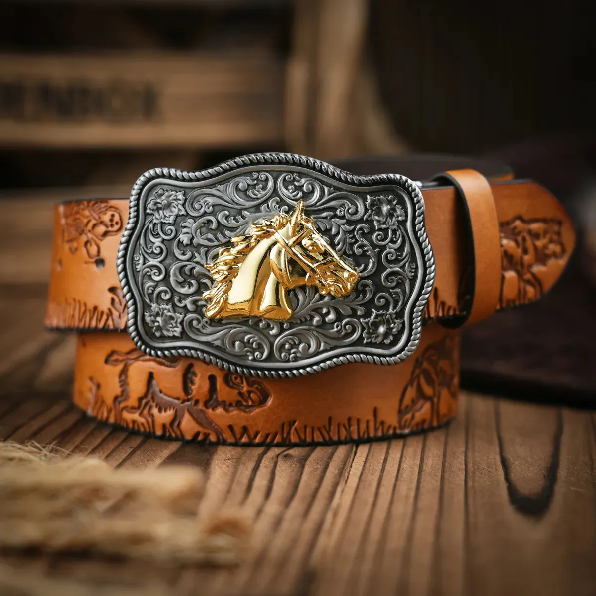 Belts Western Cowboy Leather Buckle Belts Horse Pattern Floral Engraved Buckle Belt for Men 231013