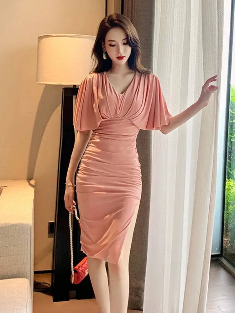 Pink Midi Dress for Women - Elegant and Basic Casual Clothes with Elasticity, Batwing Sleeves, Folds Waist, Bodycon Slit, and Sexy Sweet Robe - Pink Midi Dress for Women - Elegant and Basic Casual Clothes with Elasticity, Batwing Sleeves, Folds Waist, Bodycon Slit, and Sexy Sweet Robe -
