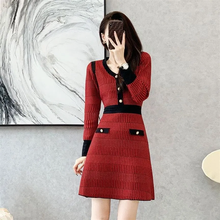 Women's o-neck single breasted long sleeve houndstooth grid knitted a-line slim waist dress SMLXL247x