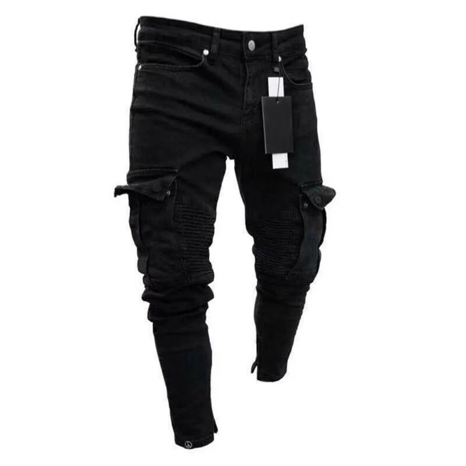 Mäns jeans 2021Fashion Black Jean Men denim Skinny Biker förstörde Frayed Slim Fit Pocket Cargo Pencil Pants Plus Size S-3XL209C