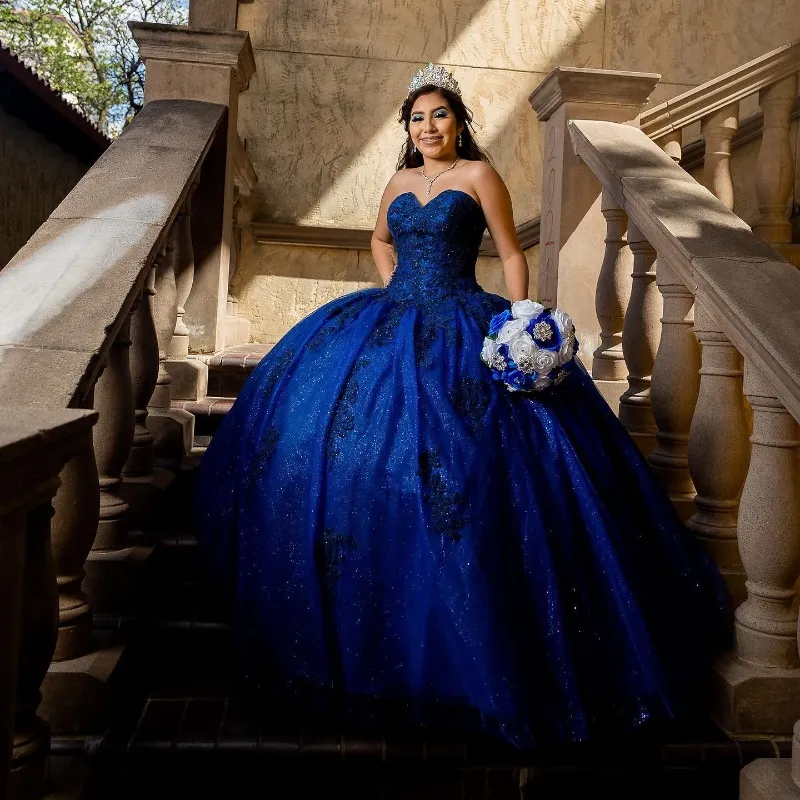 Vestido De quinceañera azul marino brillante, vestido De baile con hombros descubiertos, apliques De encaje, corsé con cuentas, desfile, 15 vestidos De fiesta dulces De XV Anos