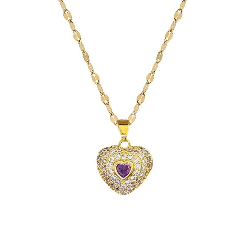 Purple Cubic Zirconia Heart Shape Necklace for Women Stainless Steel Link Chain Crystal Pendant Banquet Wedding Jewelry Gifts